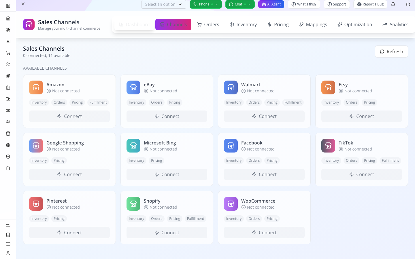 Available channel definitions with no connected accounts