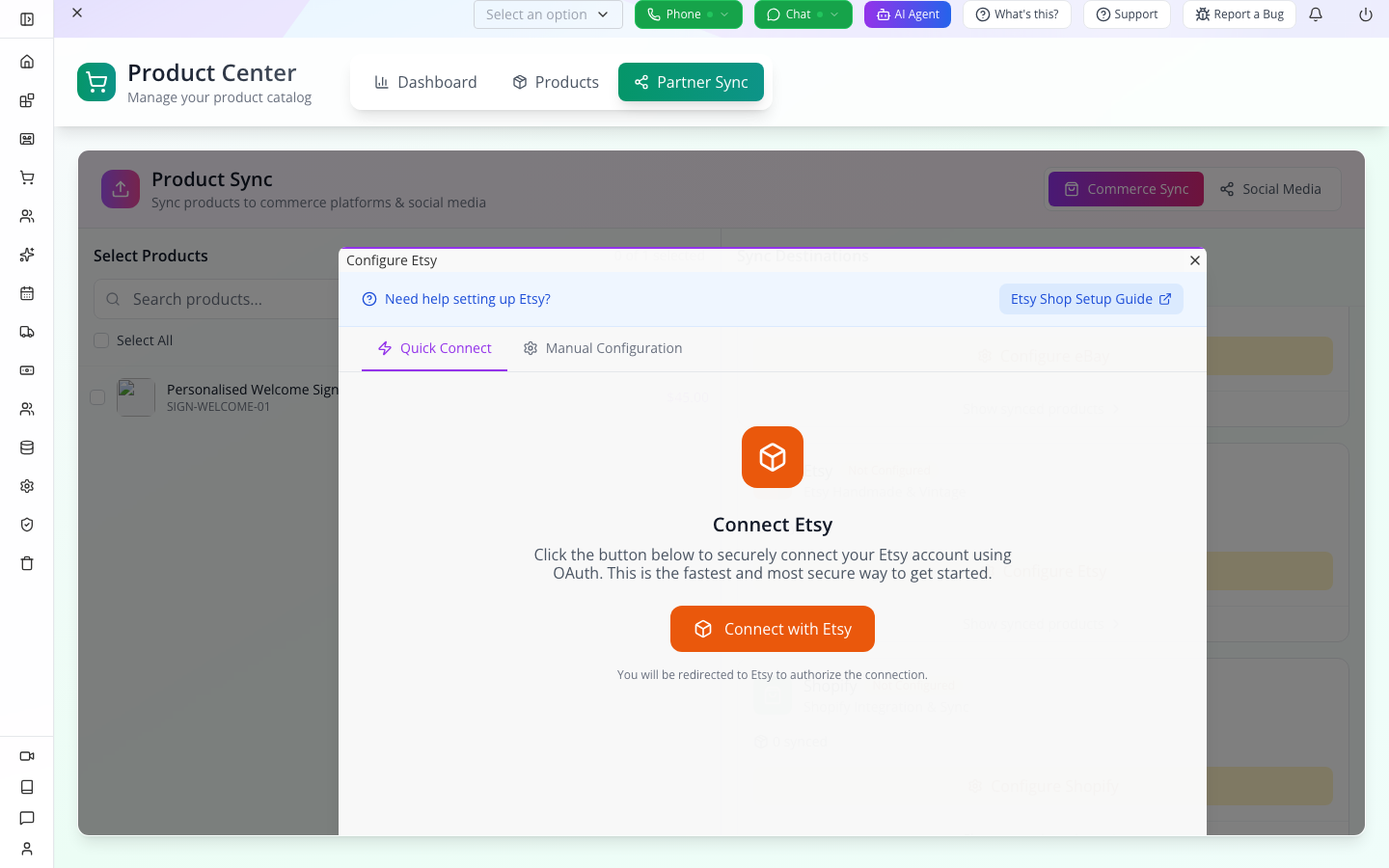 Etsy’s actual Quick Connect entry