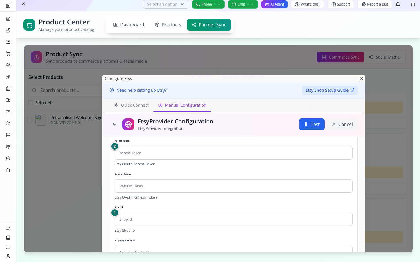 The actual Etsy provider configuration fields, with credentials empty