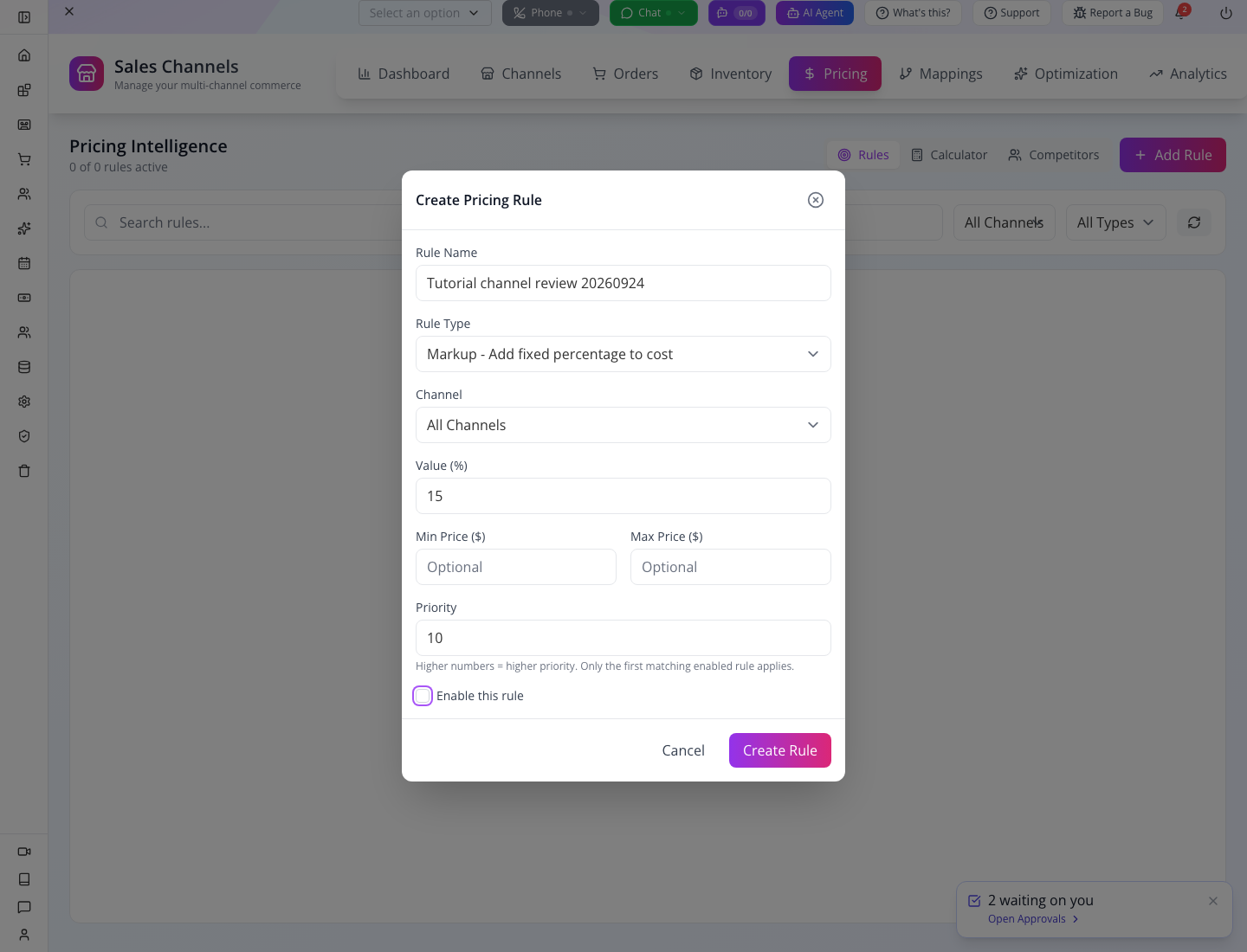 The actual pricing-rule fields