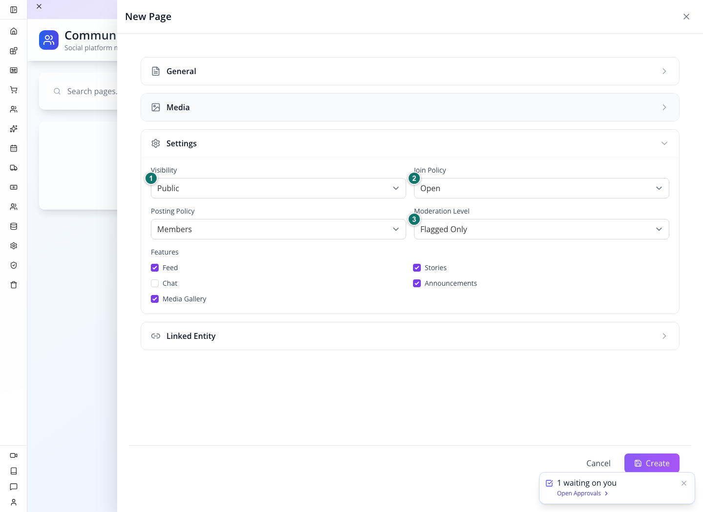 Page settings with public visibility, open joining and flagged-only moderation