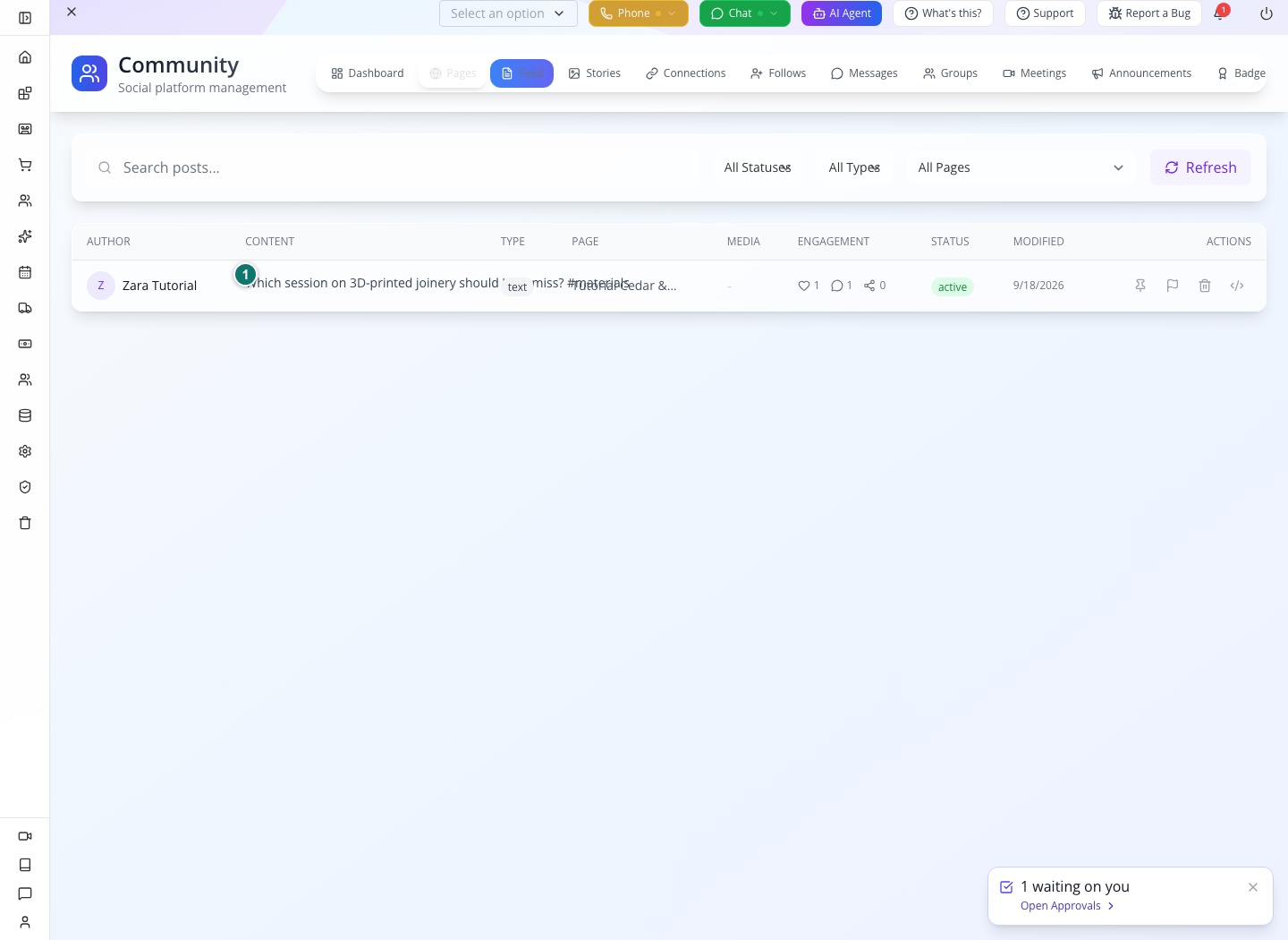 Zara’s post and engagement counts in the admin Feed