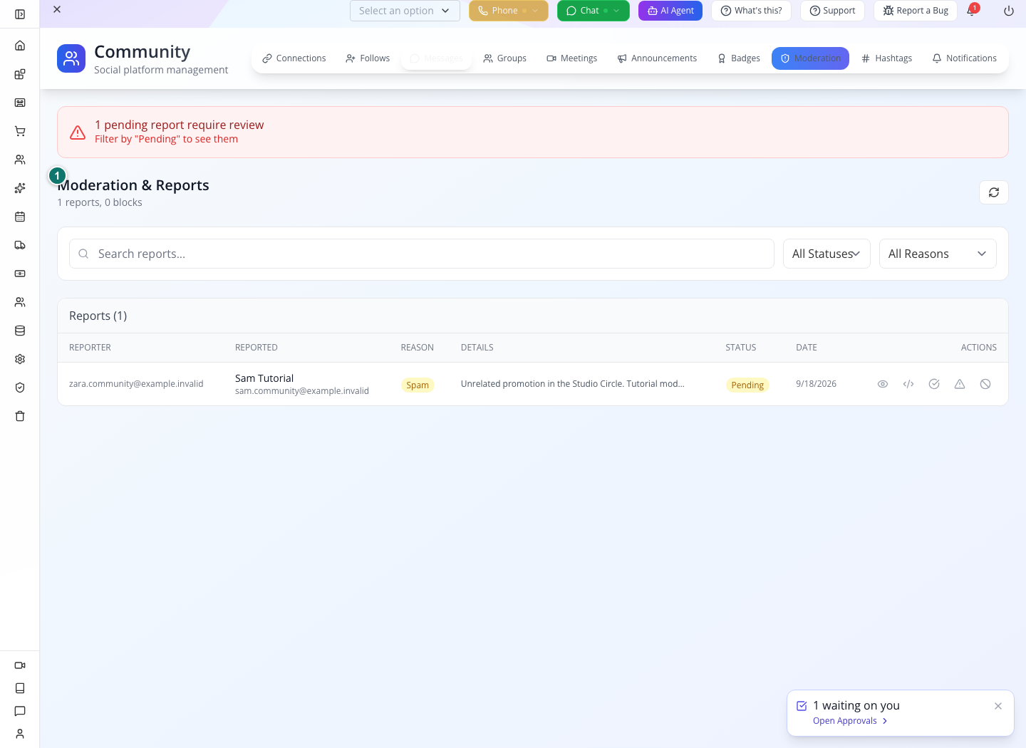 Pending report identifying the reporter and reported member