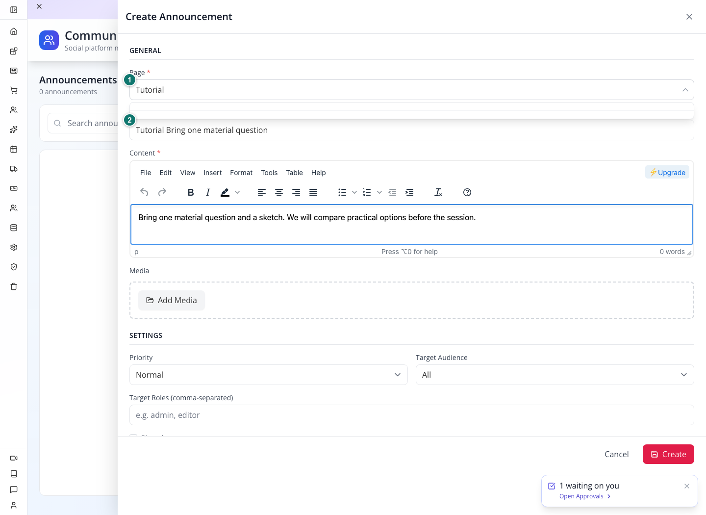 Announcement draft and the page selector