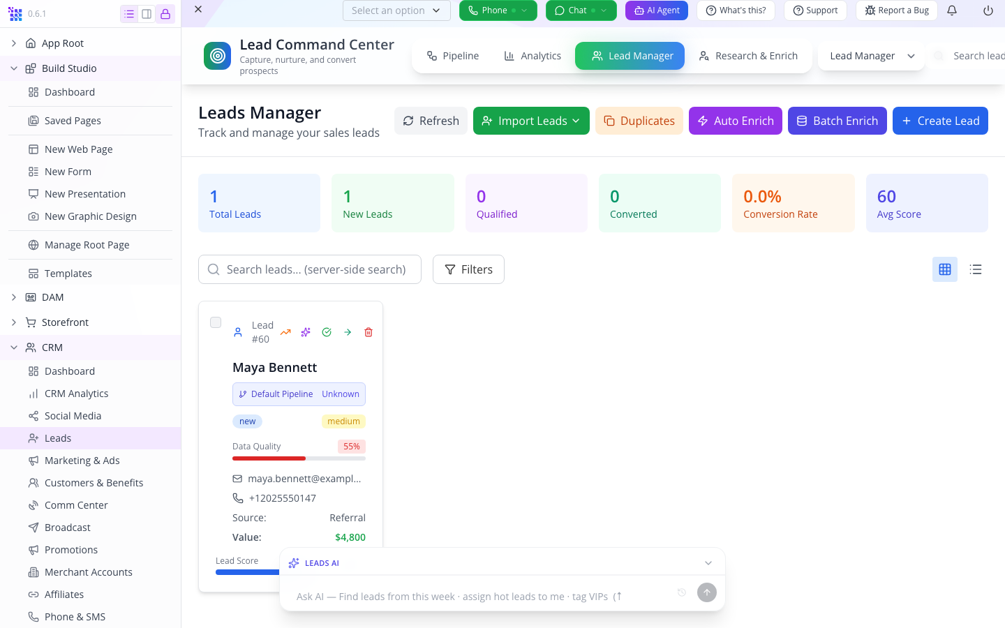 The saved lead found in Lead Manager, despite being absent from the selected board.