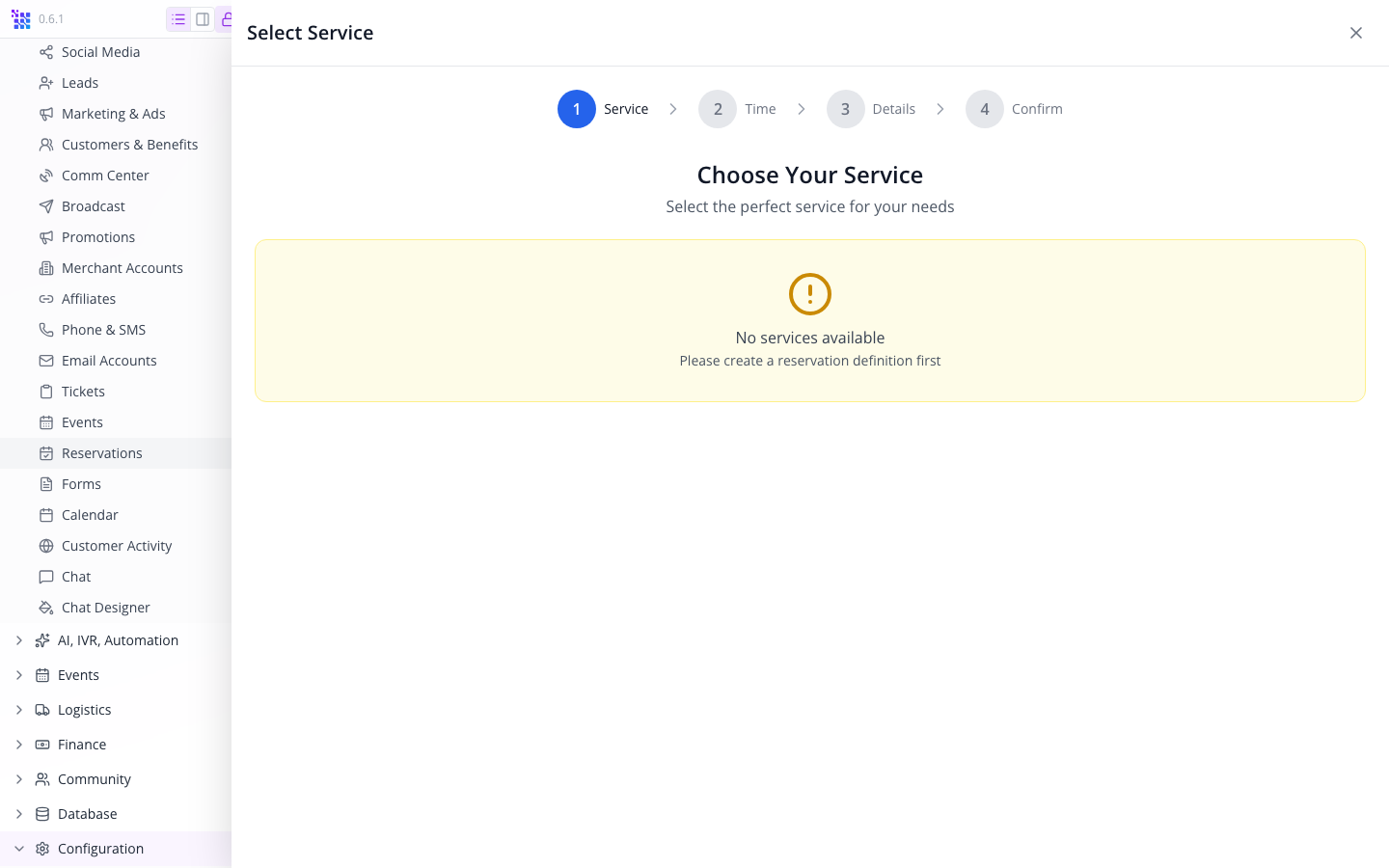 The booking wizard explains that a service definition is needed first.