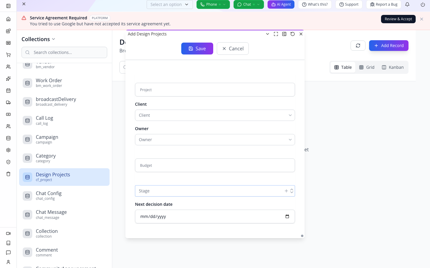 The saved collection opens a project form through Add Record.