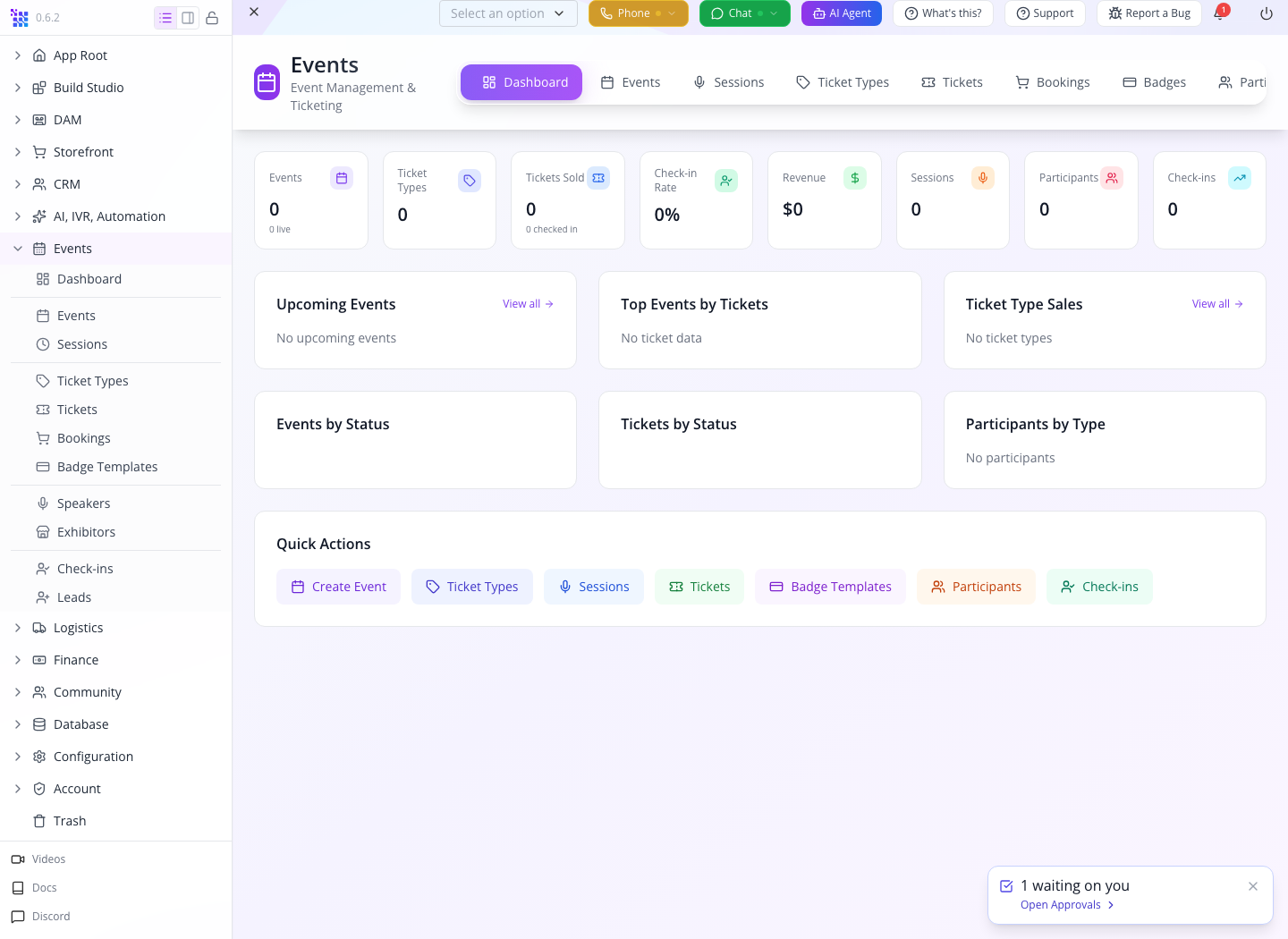 Events dashboard and creation entry