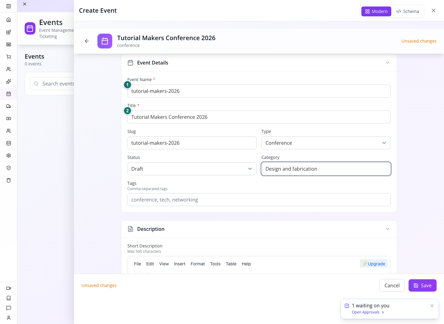 Event identity in the real creation form
