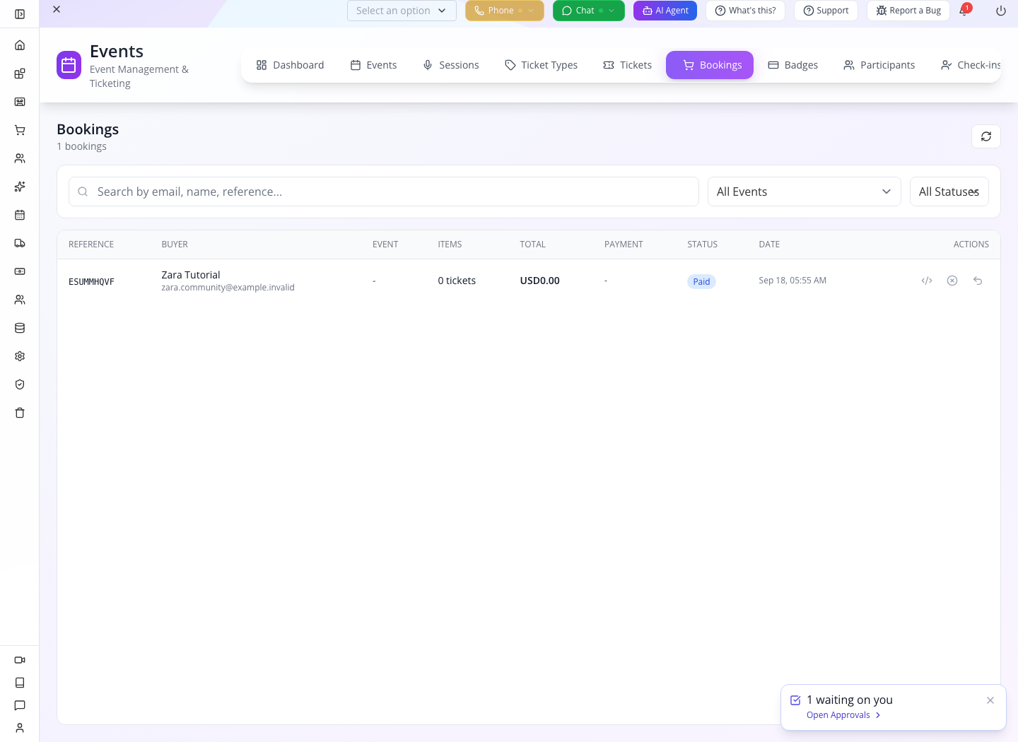 Historical Zara paid-zero booking, not Kofi’s booking