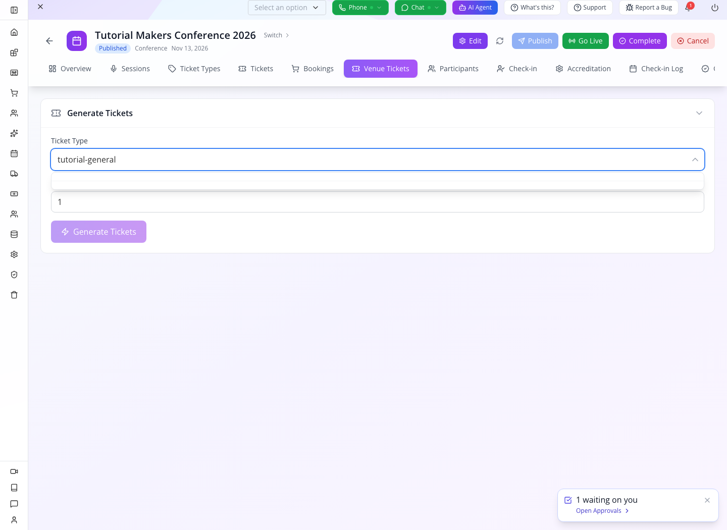 Venue-ticket selector without a matching type