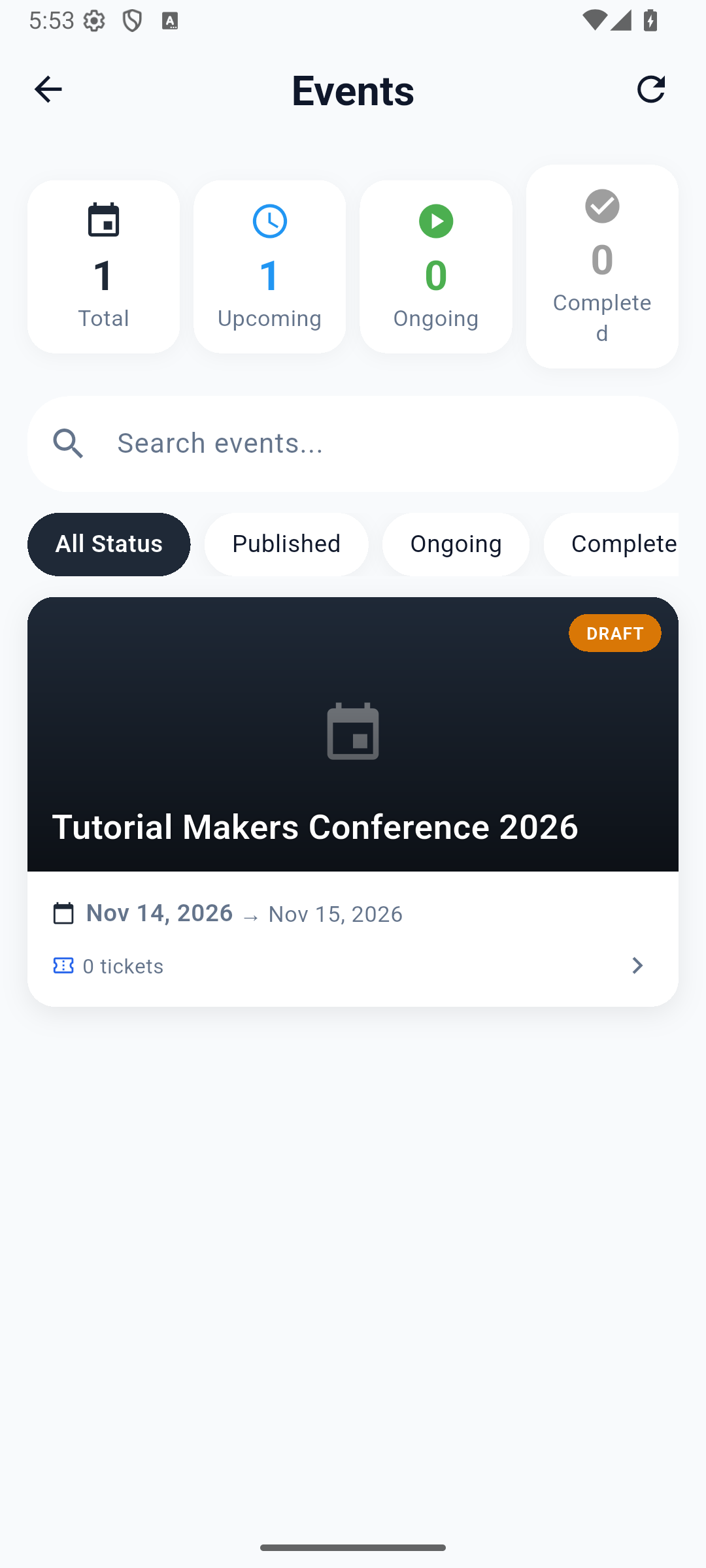 Earlier native event list showing Draft and zero tickets