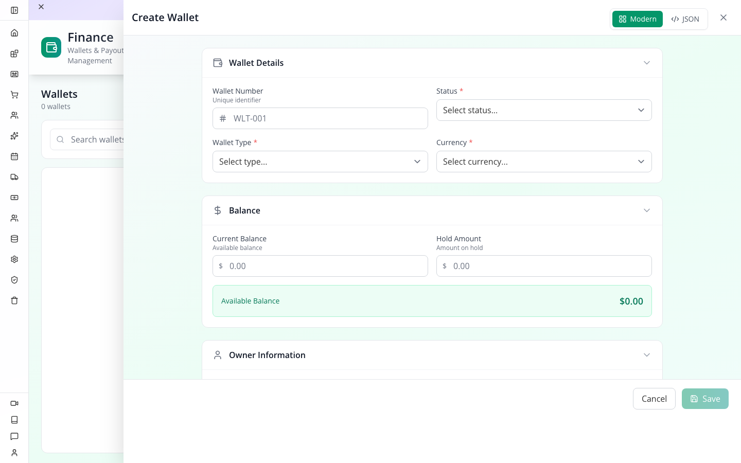 The Modern wallet form before entering the practice values