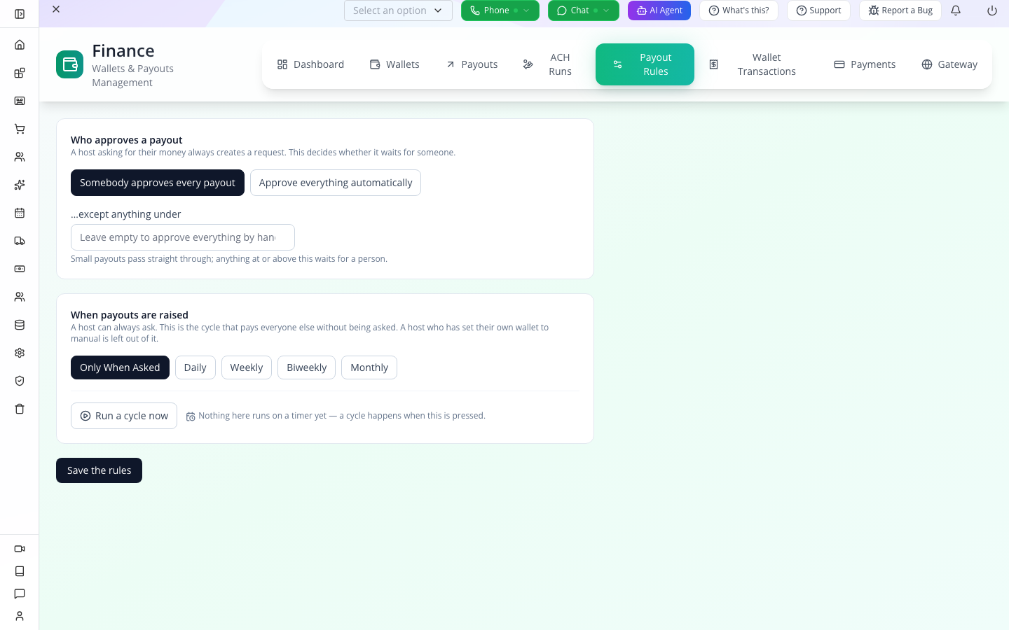 Payout Rules with approval choices and the no-timer notice
