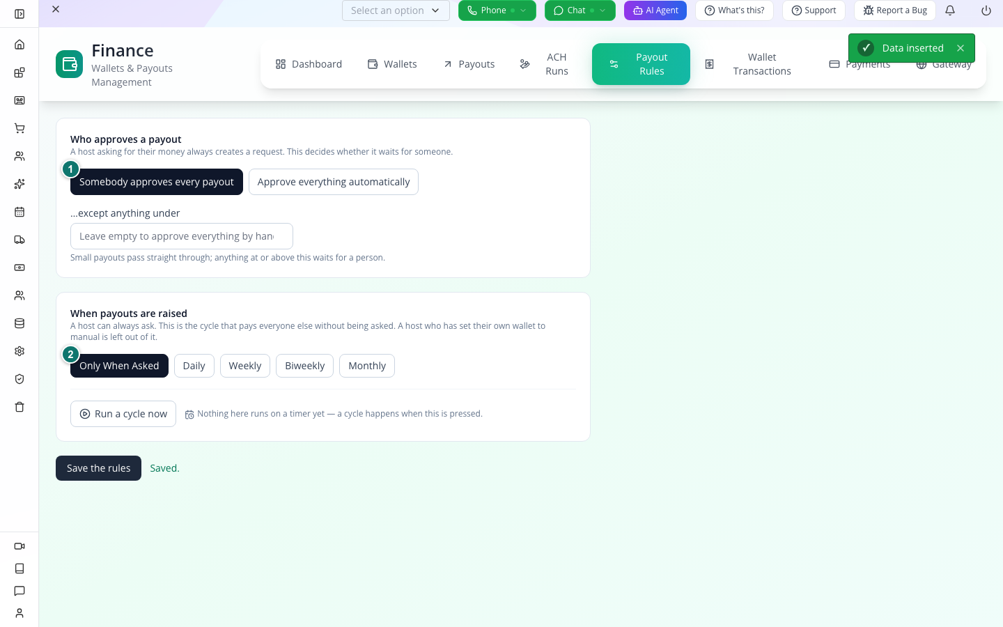 Manual approval and on-demand rules after saving