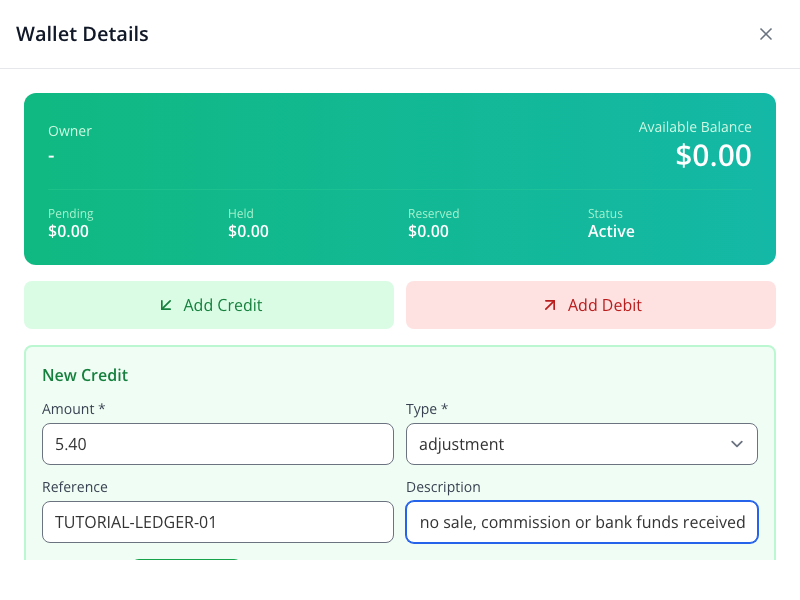 The credit form with amount, adjustment category and training reference