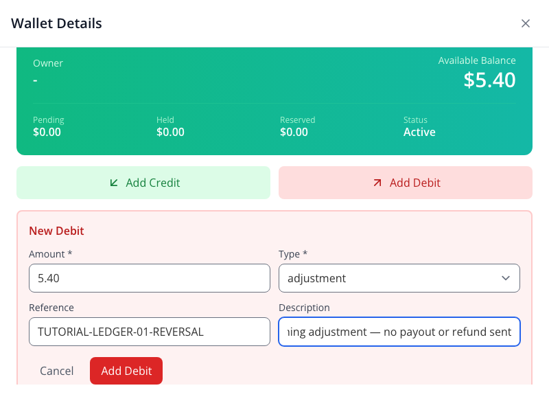 The reversal is a new adjustment debit, with its own reference