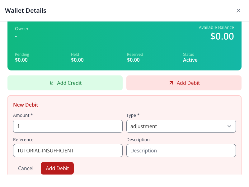 The zero-balance wallet refuses a further debit