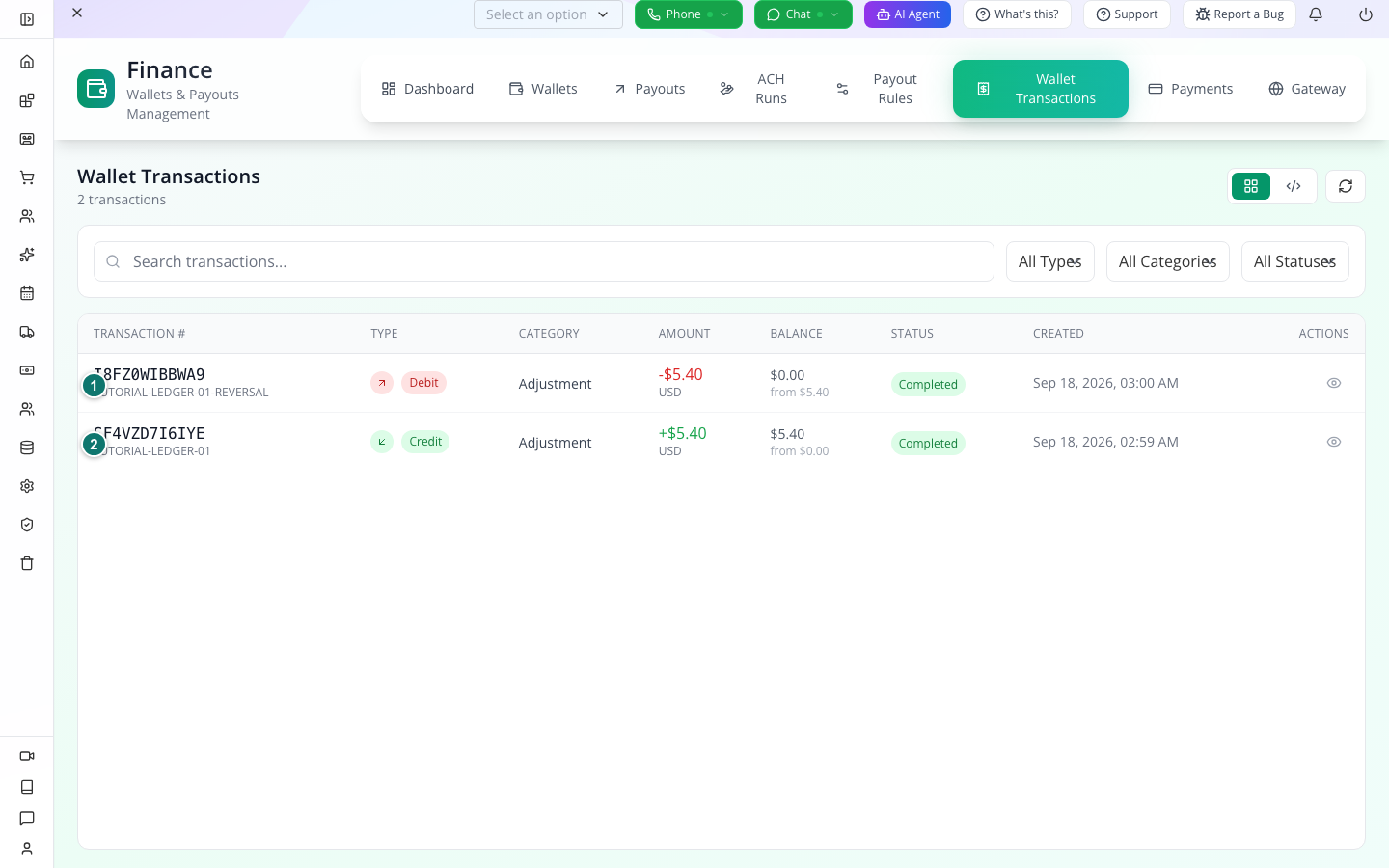 The two adjustment transactions, with before and after balances