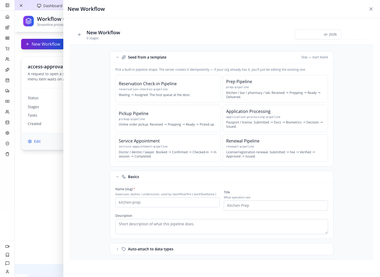 A new definition offers templates and a blank Basics section.