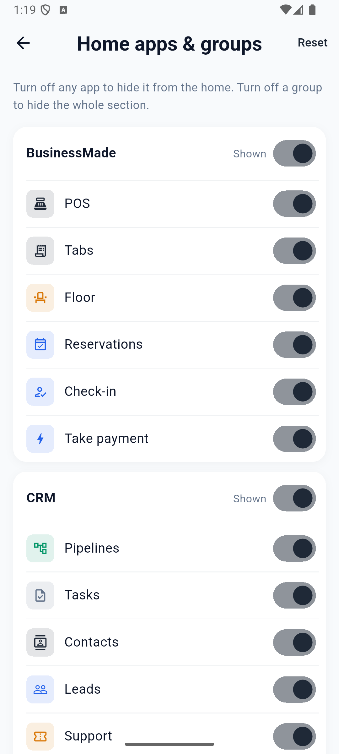 Home apps & groups with separate group and app switches