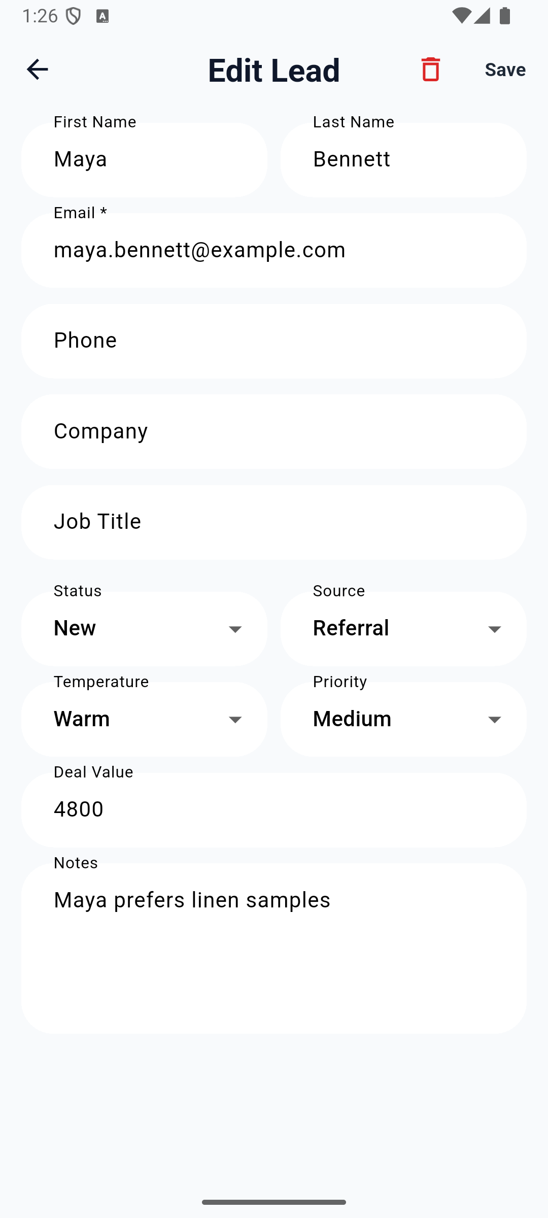 Maya’s saved preference in the native Android lead editor