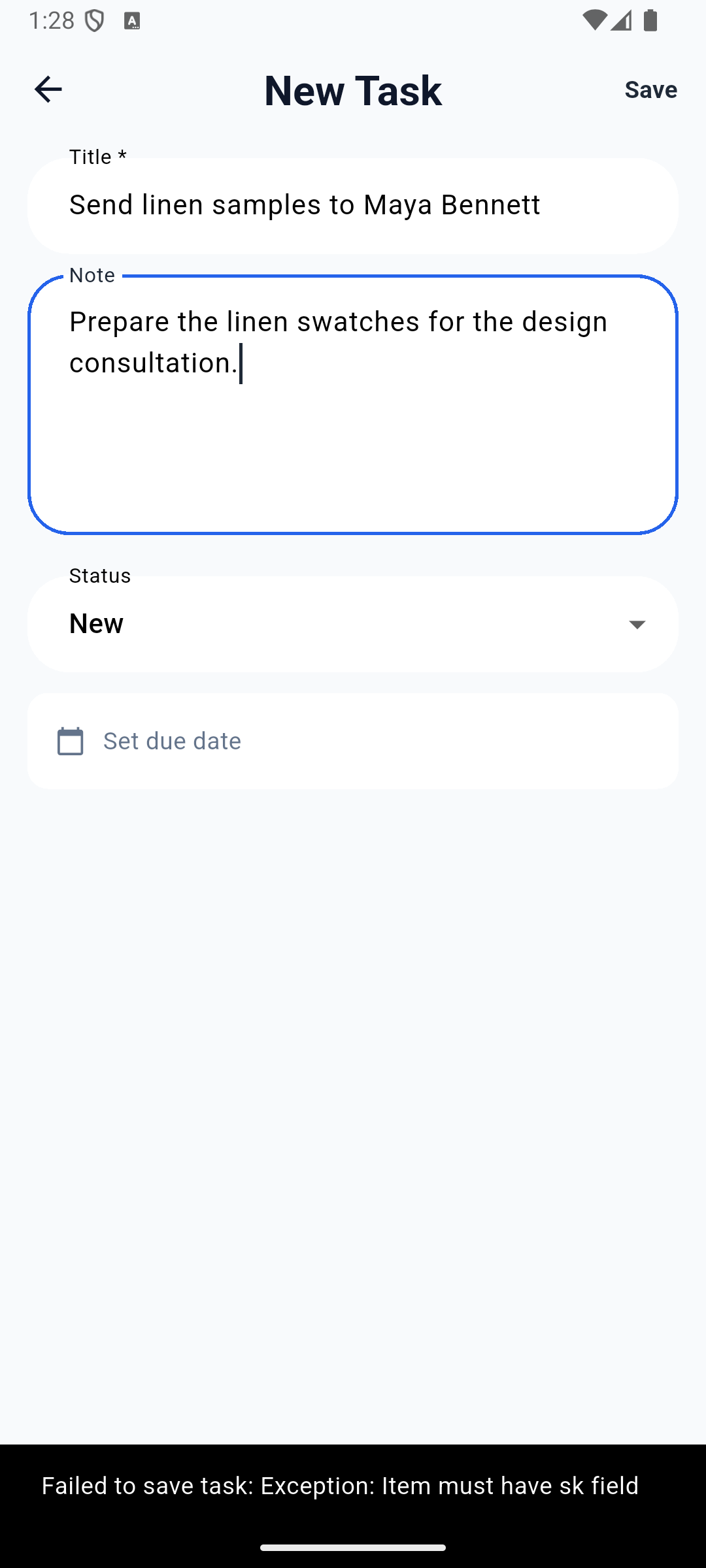 Historical task-creation failure before the local fix