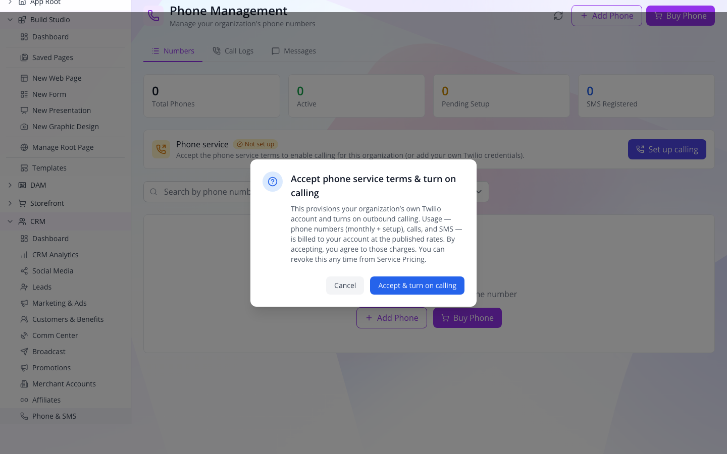 The actual company service-setup confirmation