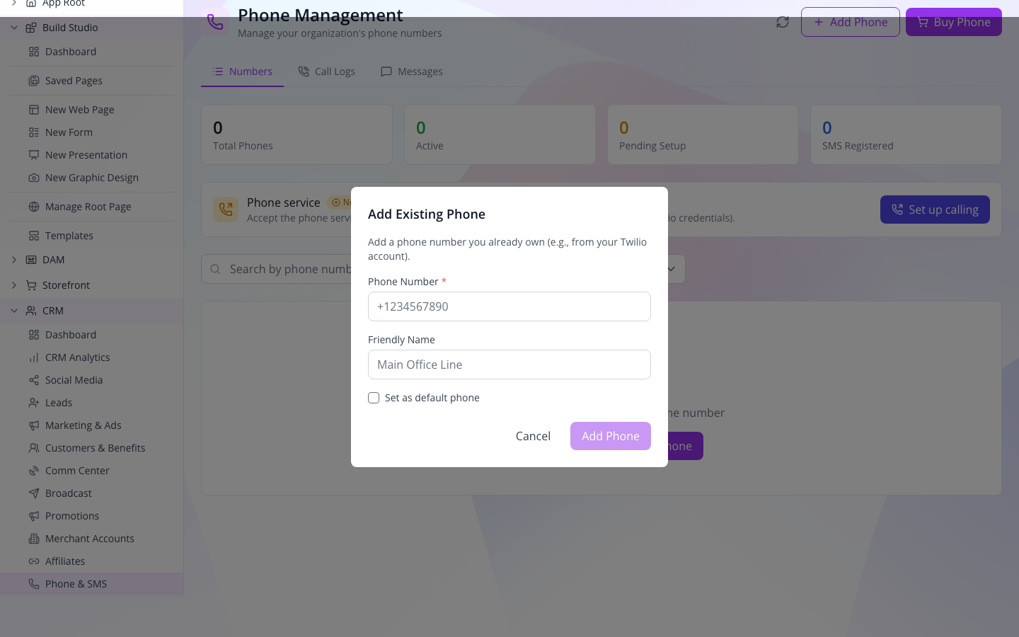 Add Existing Phone with its required number and optional label