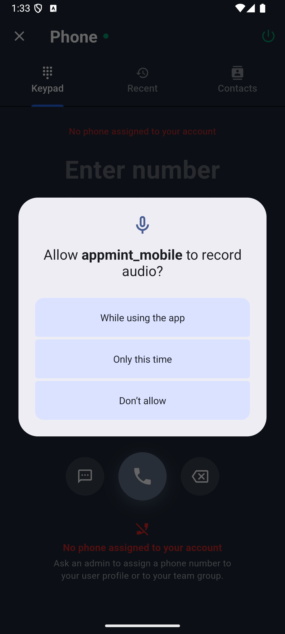 Android microphone permission prompt
