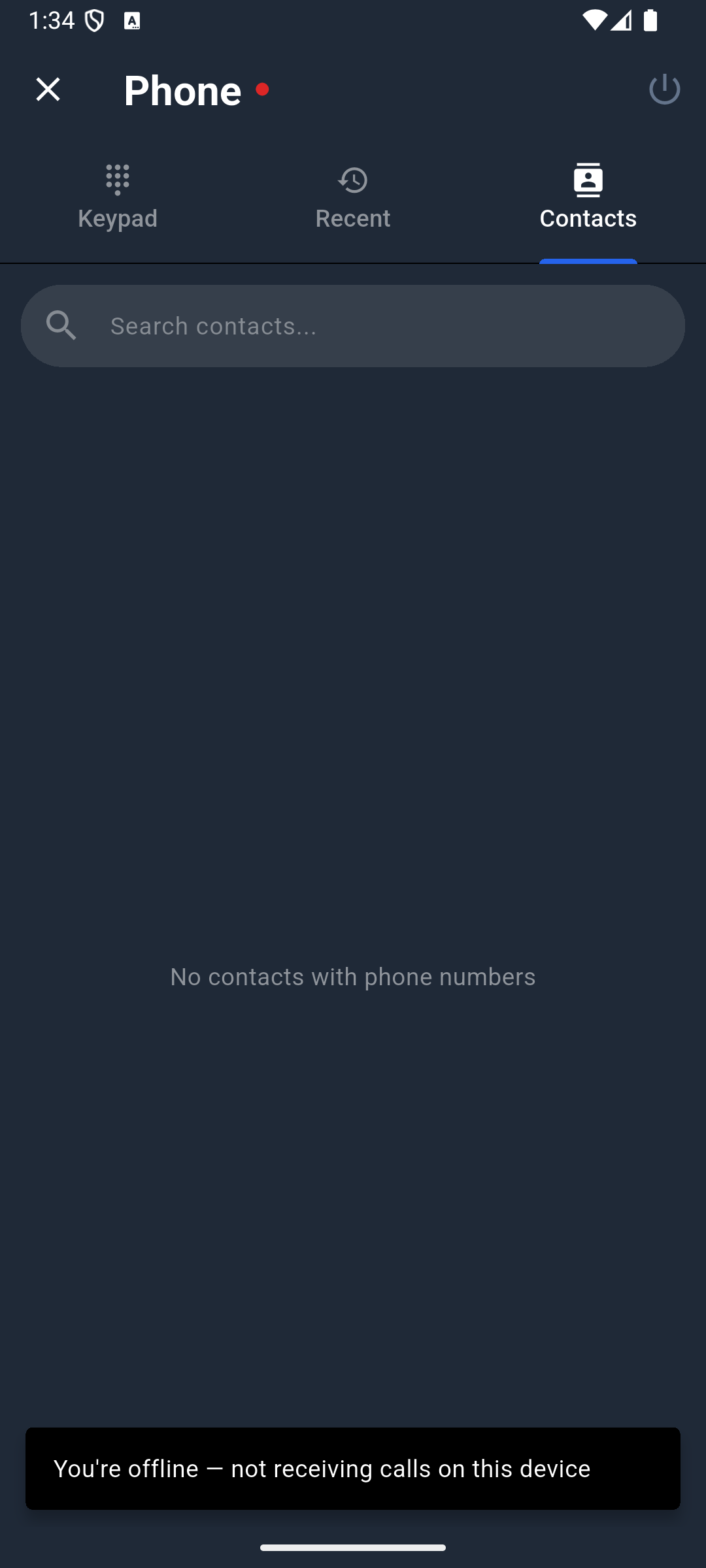 Native phone after selecting offline