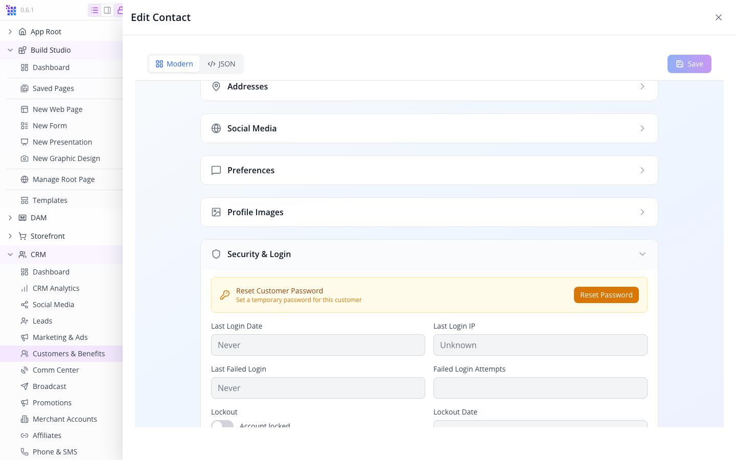 Customer security controls in the staff record.