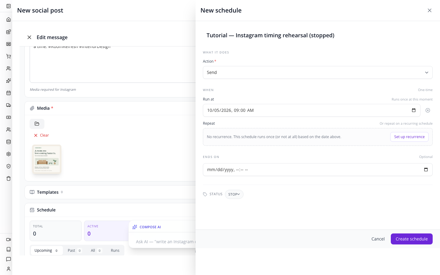 Schedule editor captured during the earlier save attempt; the error itself is visible in the following image.