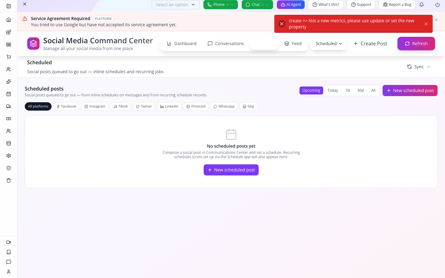 The red schedule-creation error and empty Scheduled list after the earlier attempt.