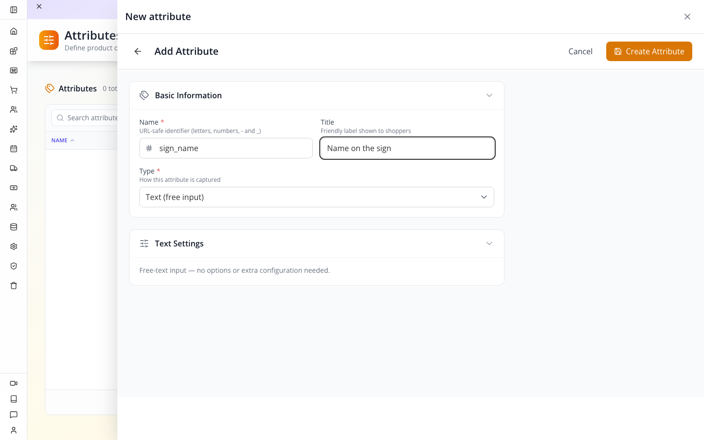 The name attribute’s actual text-field settings