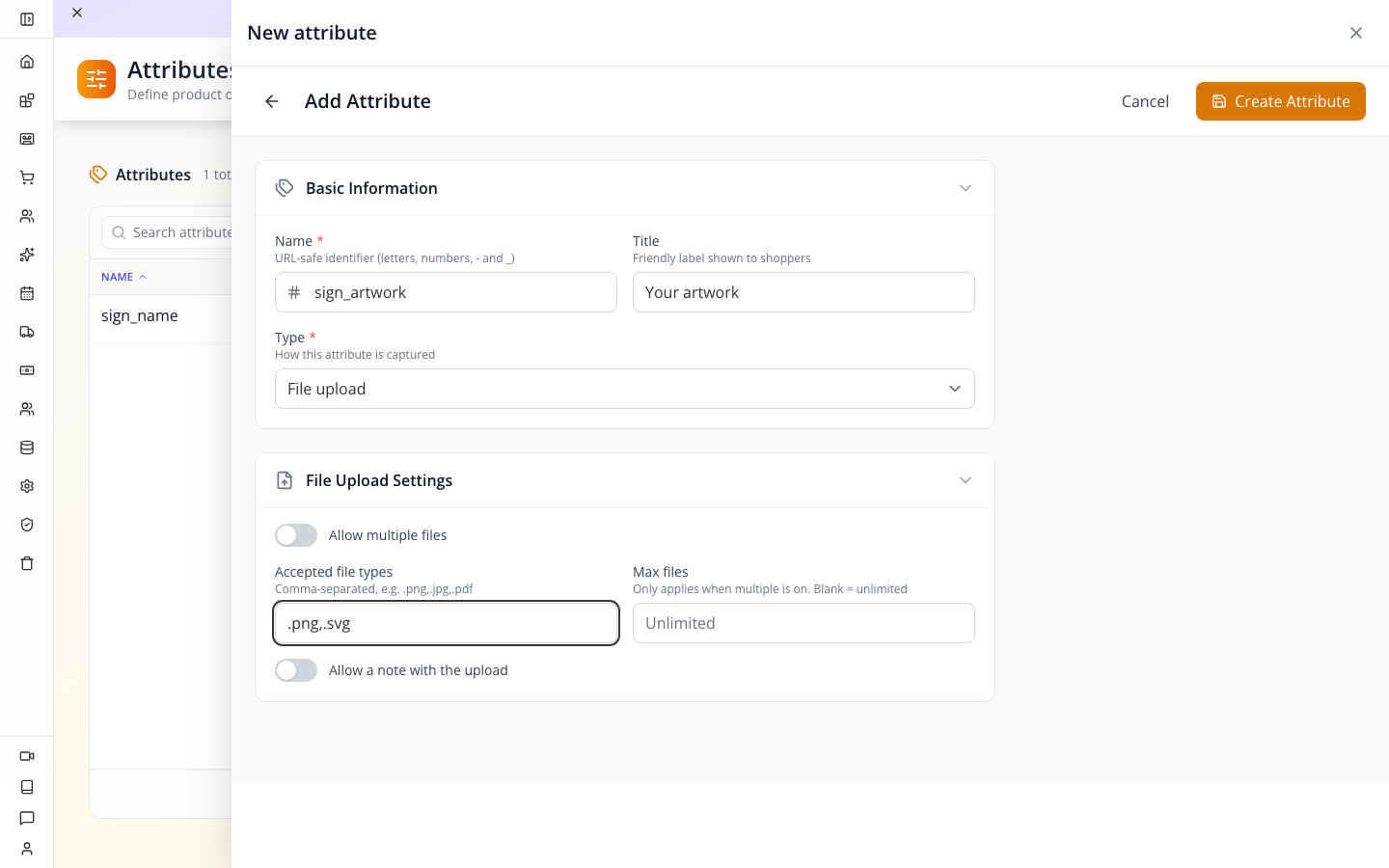 The artwork attribute accepts PNG and SVG as a single-file upload