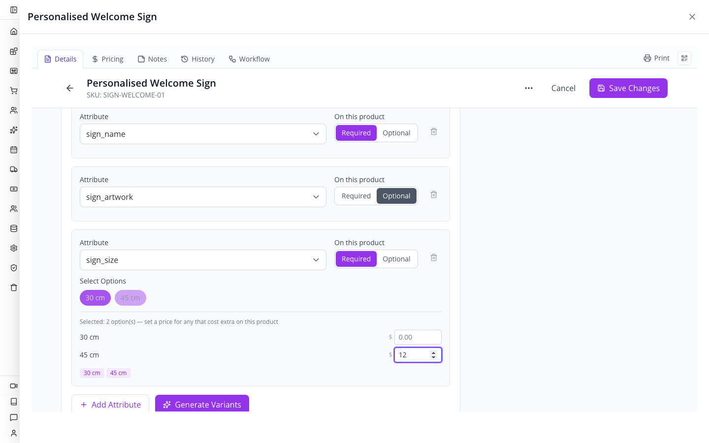 Attributes attached to the product, including required and optional settings