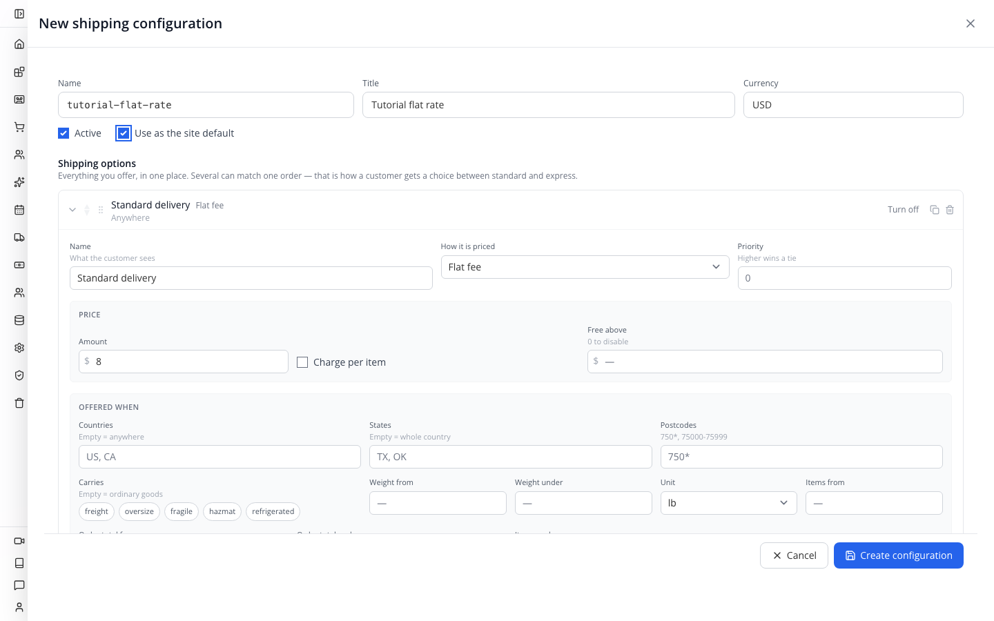 The actual flat-fee shipping configuration before creation