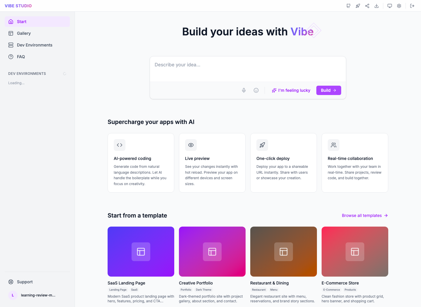 The authenticated Start screen and existing tutorial project.