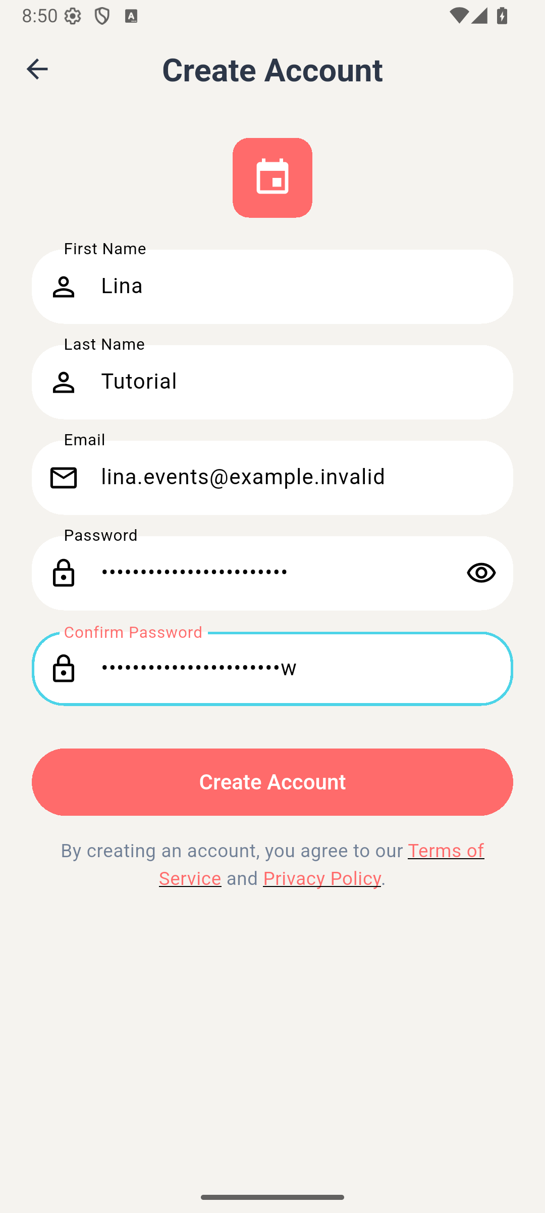 Completed fictional account with password fields obscured