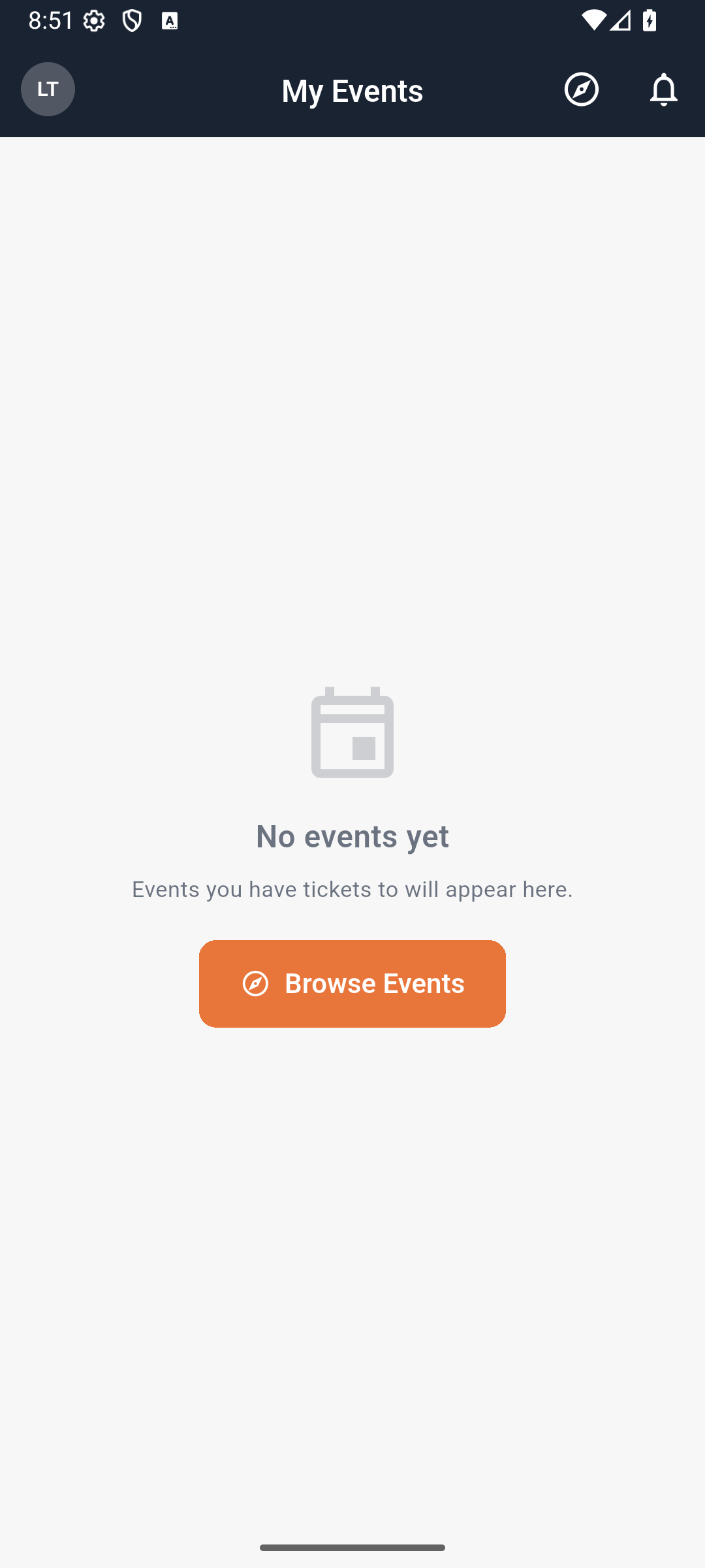 The new attendee’s empty My Events screen