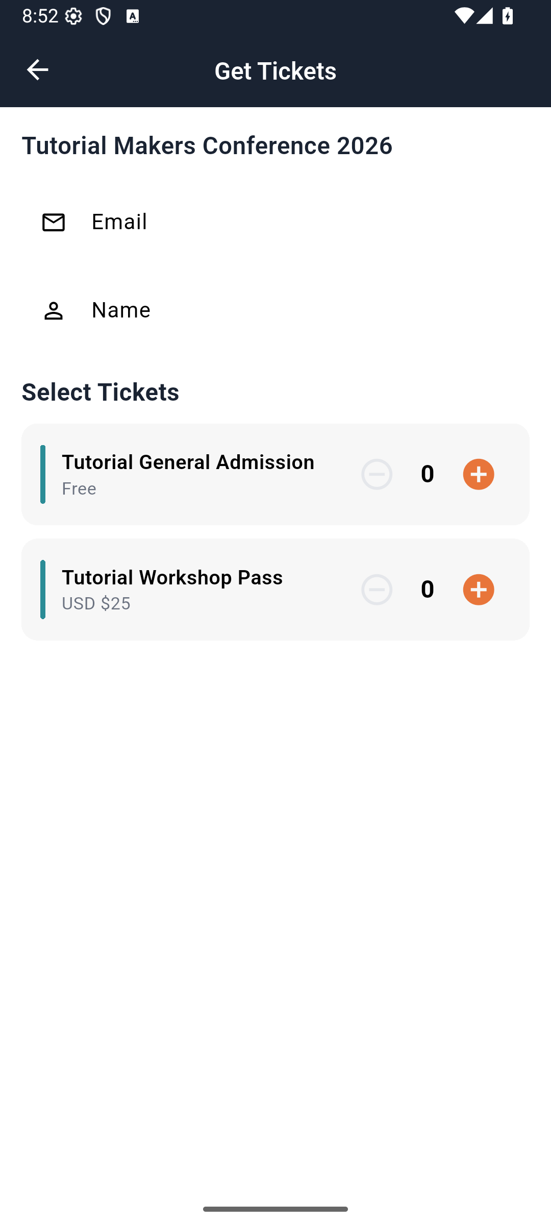 Actual ticket selector with empty holder fields