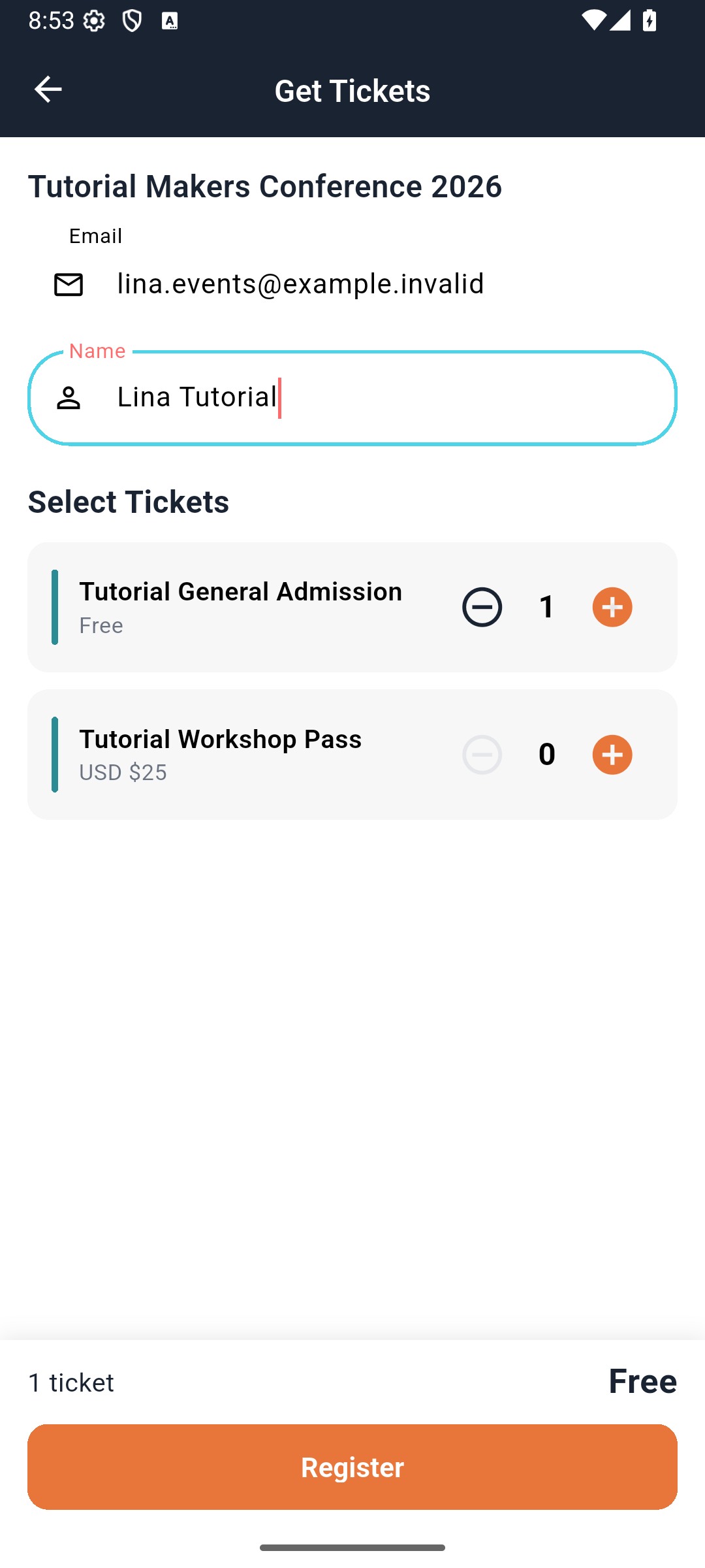 One free ticket selected with Register available