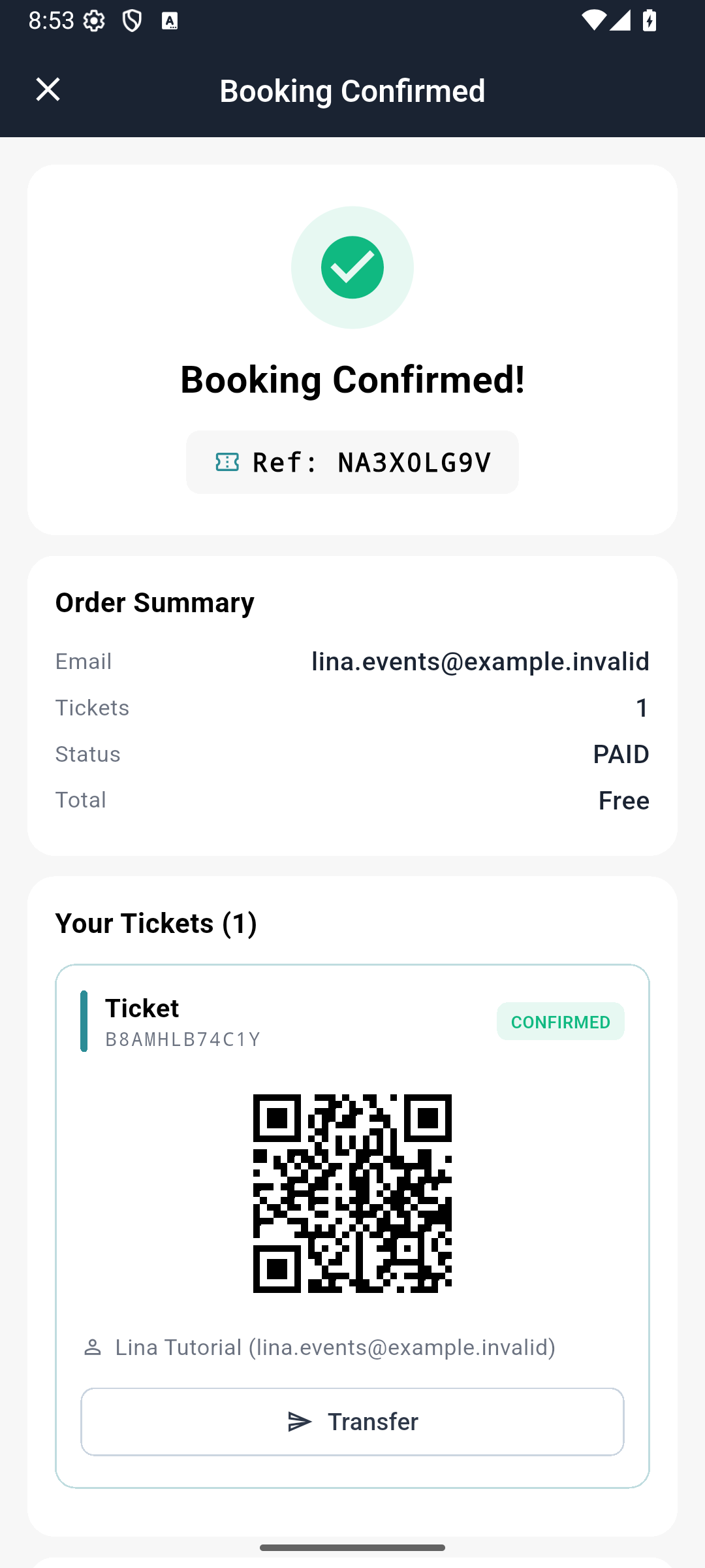 Successful free registration with one confirmed ticket