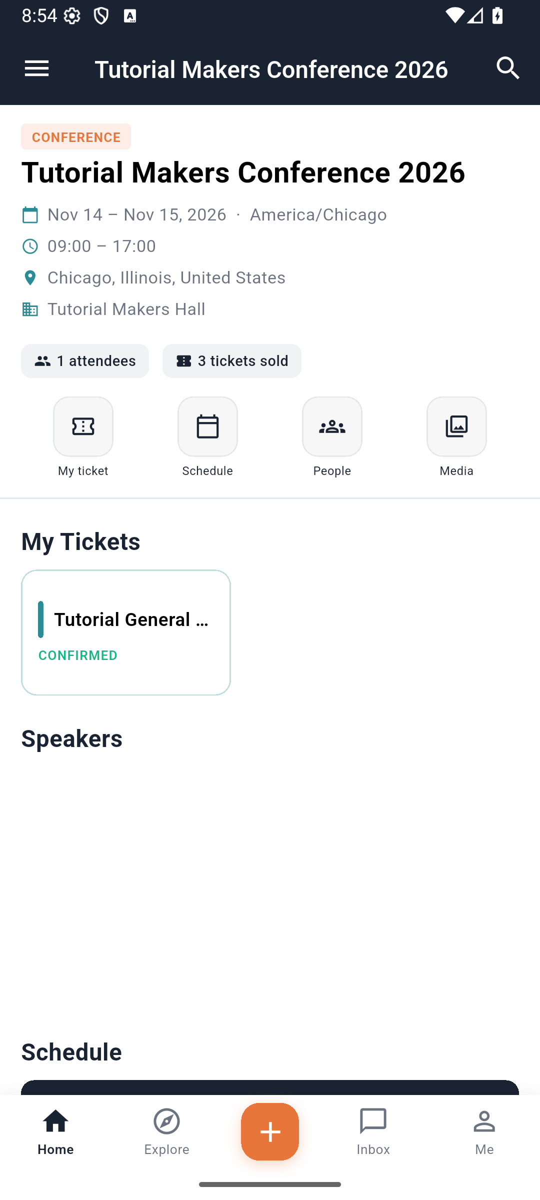 Event Home with My ticket, Schedule, People and Media