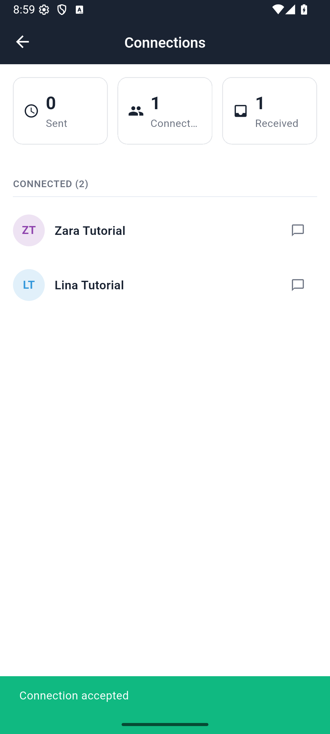 Lina appears in Kofi’s connected list after acceptance