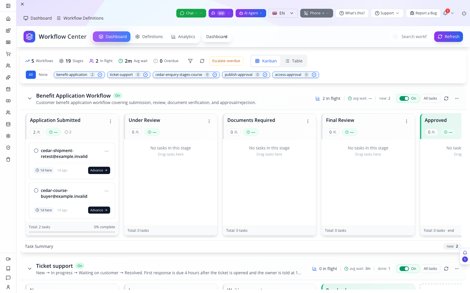 Workflow Center dashboard showing existing process boards and stage columns