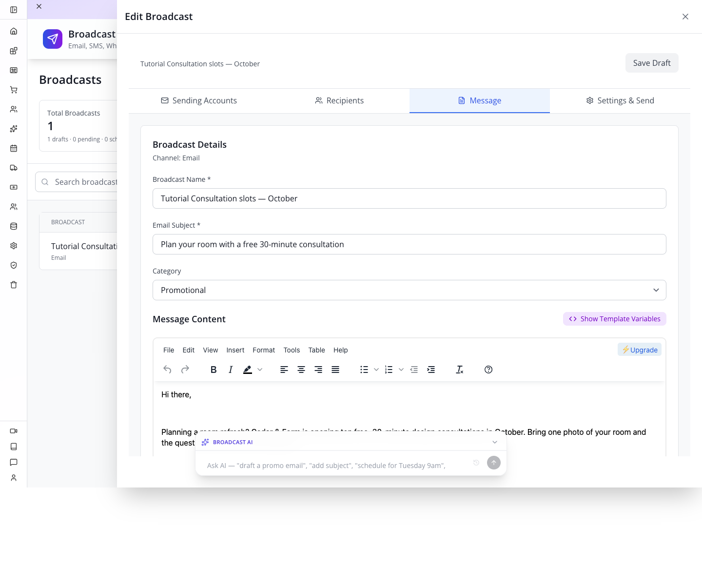 The saved invitation reopened in the rich-text editor.
