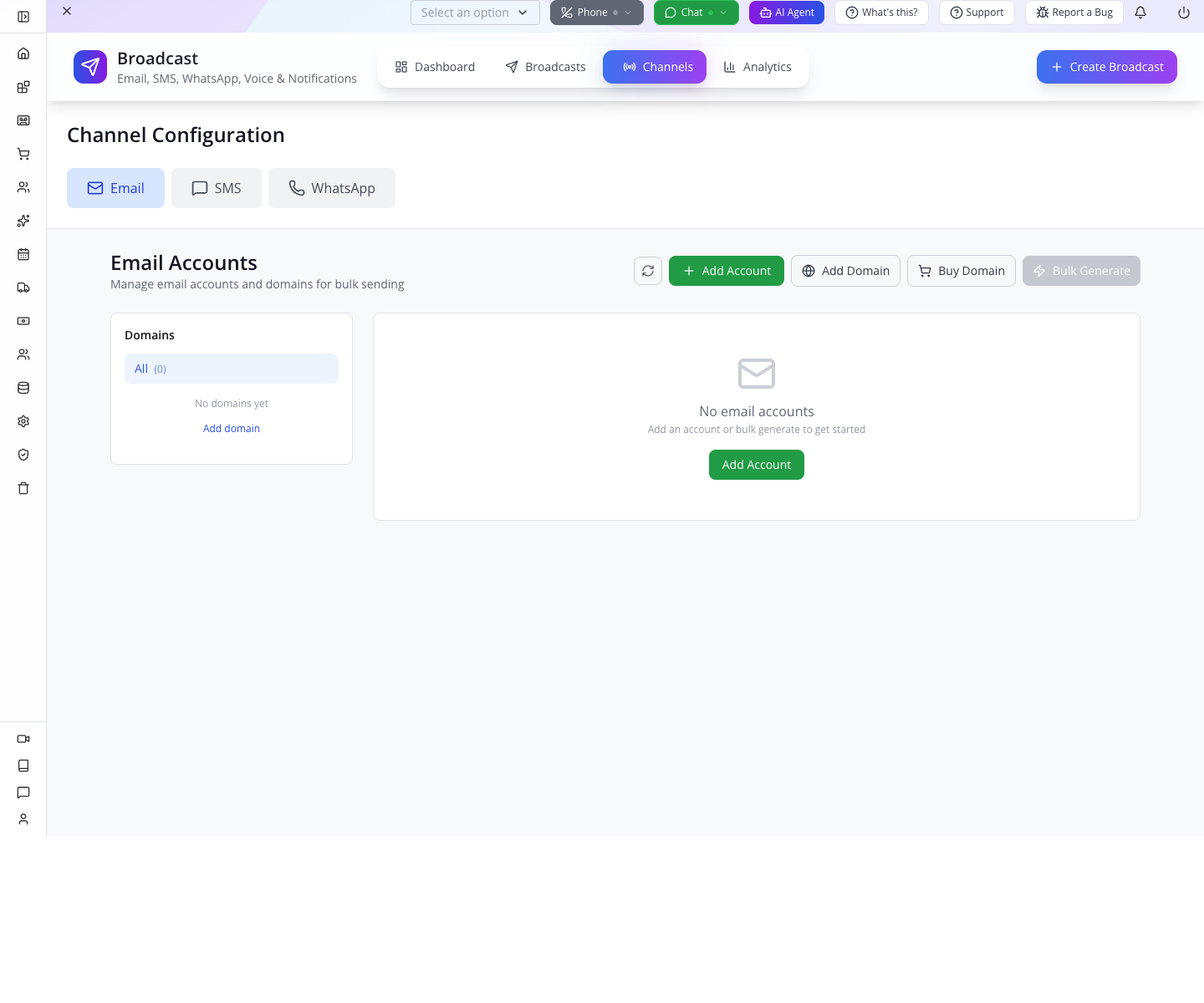 Channels after loading completes: no domains and no email accounts.