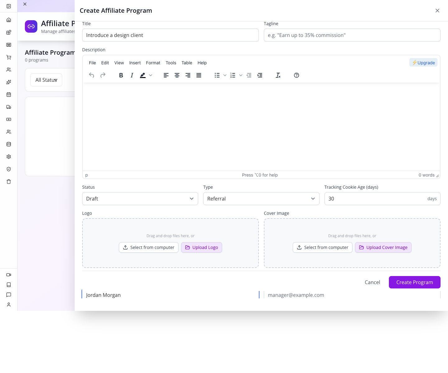 Affiliate program editor.